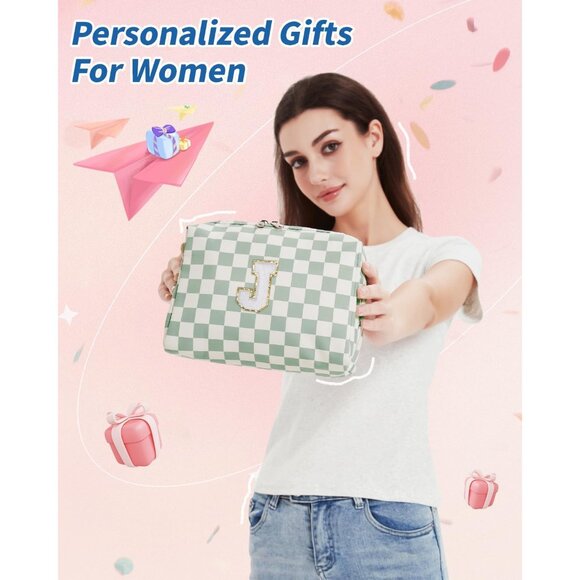 Birthday Gifts for Teen Girls Women Personalized Initial Checkered Makeup Bag Pr - Picture 7 of 7